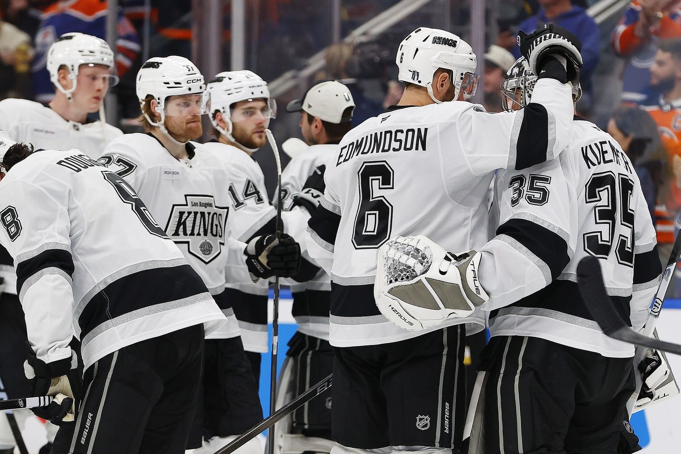 The Los Angeles Kings console Los Angeles Kings goaltender Darcy Kuemper (35) after the Edmonton Oilers eliminated them in game six of the first round of the 2025 Stanley Cup Playoffs at Rogers Place.