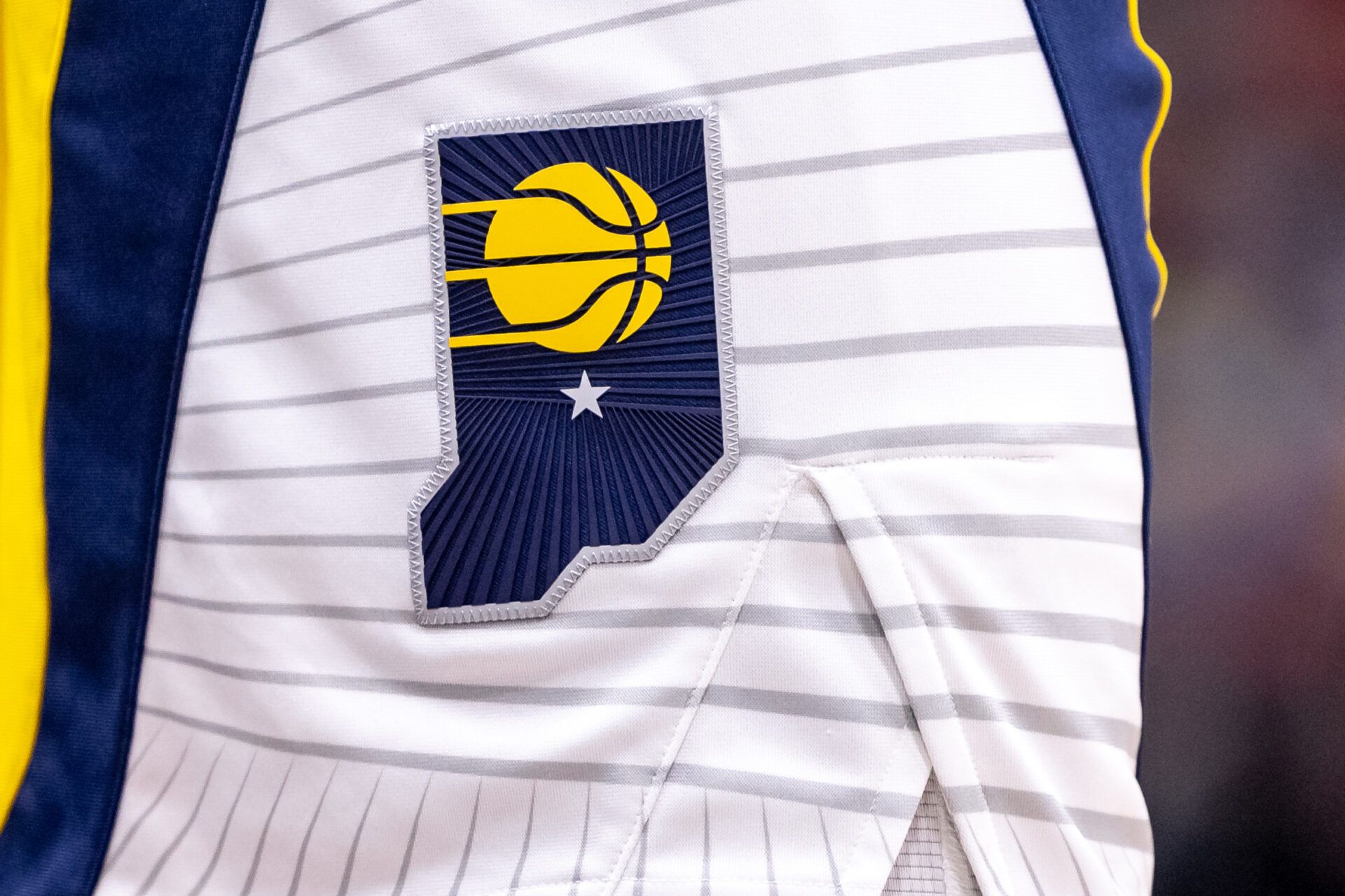 Details view of the Indiana Pacers logo against the New Orleans Pelicans during the second half at Smoothie King Center.