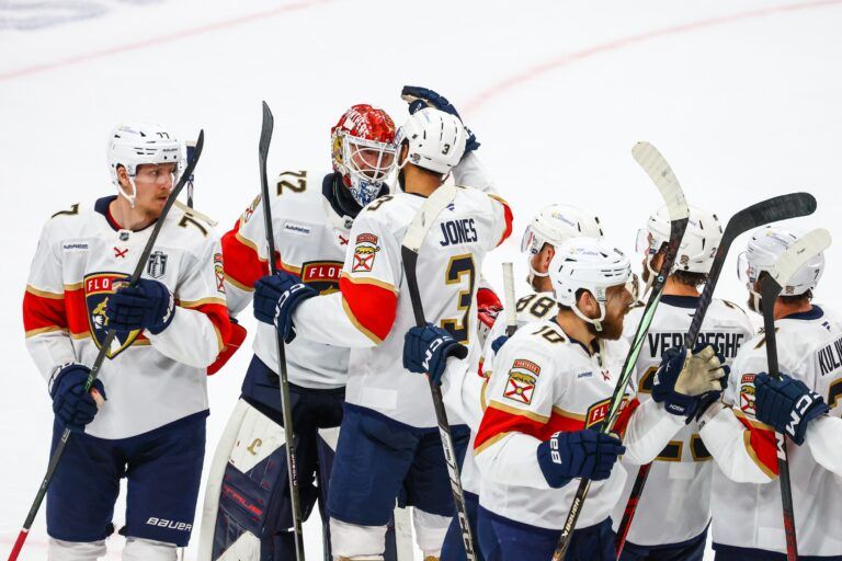 Florida Panthers goaltender Sergei Bobrovsky (72) celebrate win with teammates against the Edmonton Oilers in game five of the 2025 Stanley Cup Final at Rogers Place.