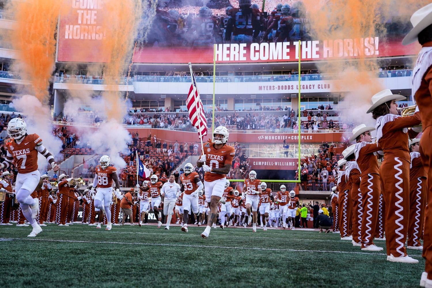 Texas Longhorns take the field against Clemson Tigersin the first half of an NCAA College Football Playoffs first round game at Darrell K Royal Texas Memorial Stadium, Austin, Texas, Saturday, Dec. 21, 2024.