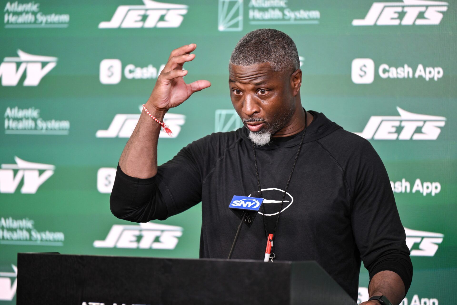 New York Jets head coach Aaron Glenn speaks at a press conference during minicamp at Atlantic Health Jets Training Center.