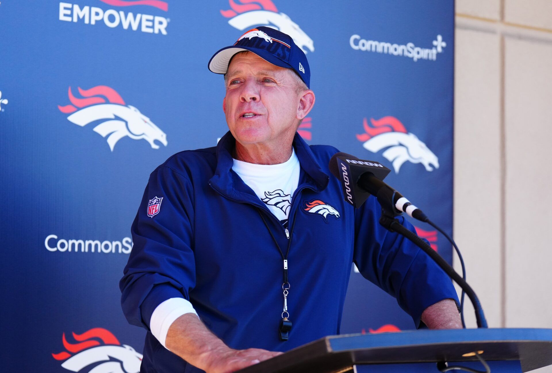 Denver Broncos head coach Sean Payton speaks to the media following rookie minicamp at Broncos Park Powered by CommonSpirit.