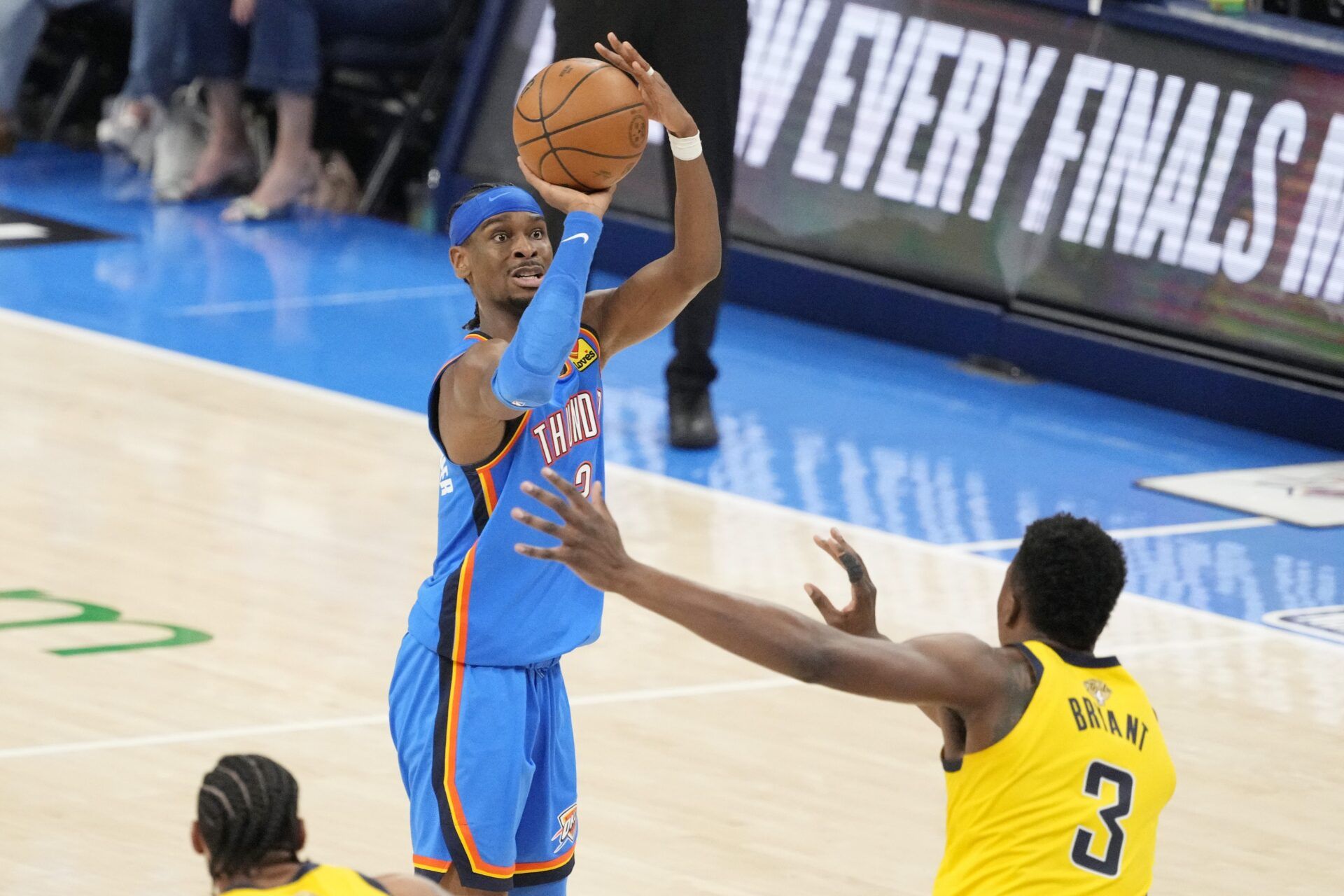 Oklahoma City Thunder guard Shai Gilgeous-Alexander (2) shoots the ball against Indiana Pacers center Thomas Bryant (3) during the second half during game two of the 2025 NBA Finals at Paycom Center.