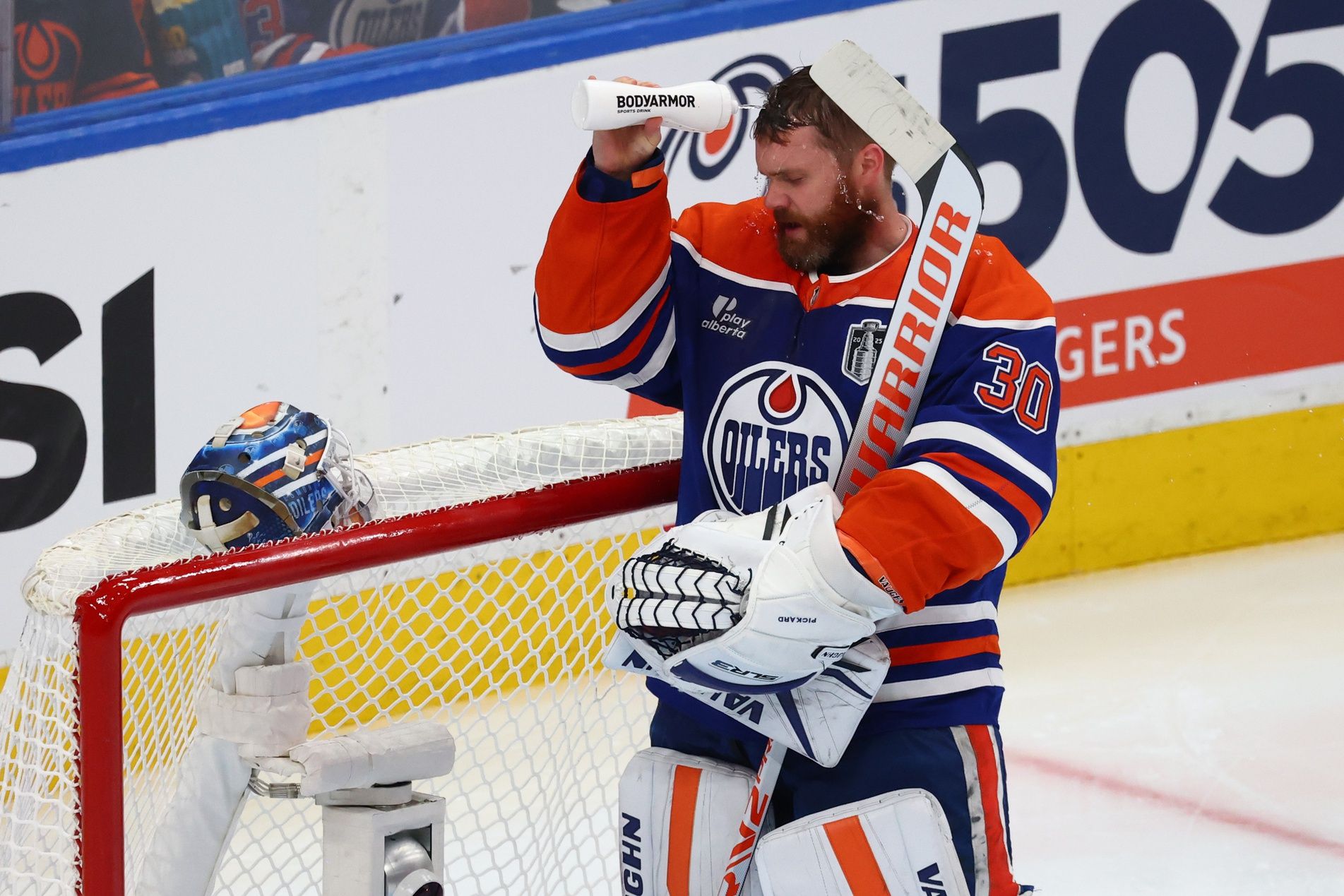 Edmonton Oilers goaltender Calvin Pickard (30) between play during the second period against the Florida Panthers in game five of the 2025 Stanley Cup Final at Rogers Place.
