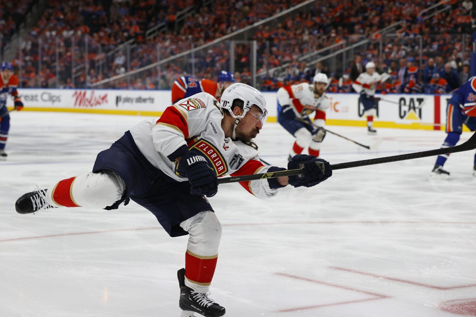 Florida Panthers forward Brad Marchand (63) shoots the puck during the second period against the Edmonton Oilers in game five of the 2025 Stanley Cup Final at Rogers Place.