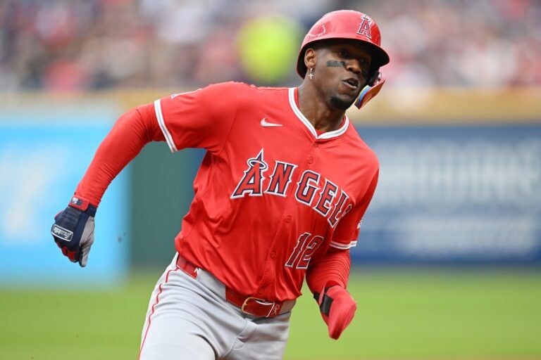 Los Angeles Angels right fielder Jorge Soler (12) rounds third base en route to scoring during the second inning against the Cleveland Guardians at Progressive Field.