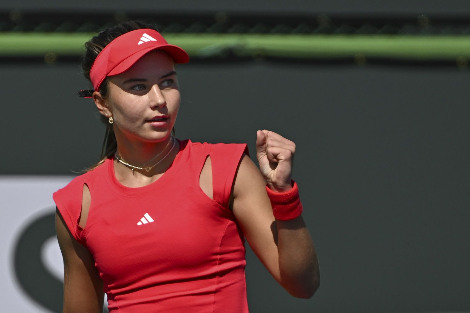 Iva Jovic (USA) reacts after winning a point against Julia Grabher (AUT) at Indian Well Tennis Garden.