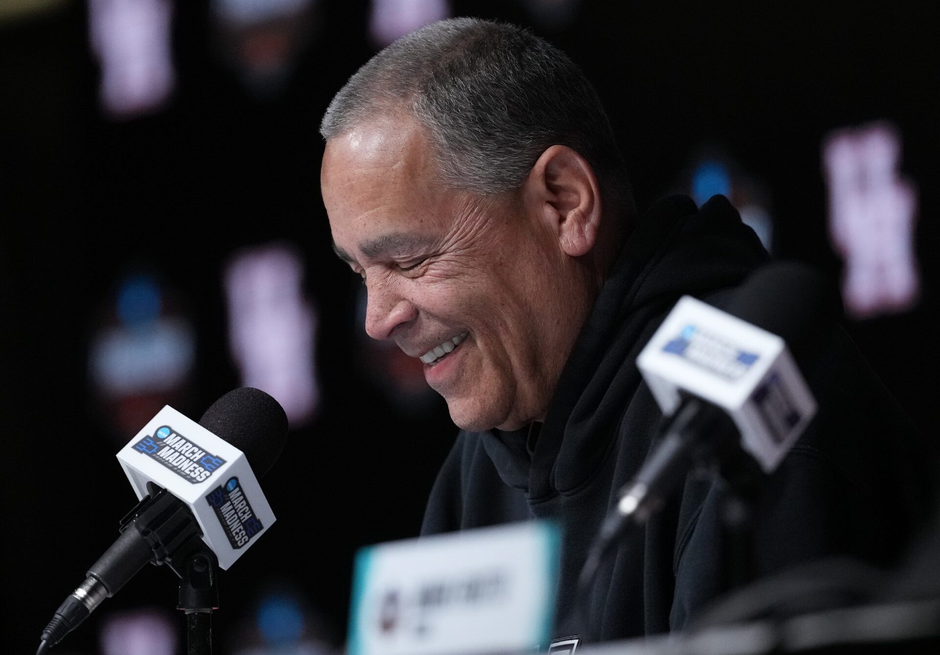 Houston head coach Kelvin Sampson talks to the media at the Alamodome.