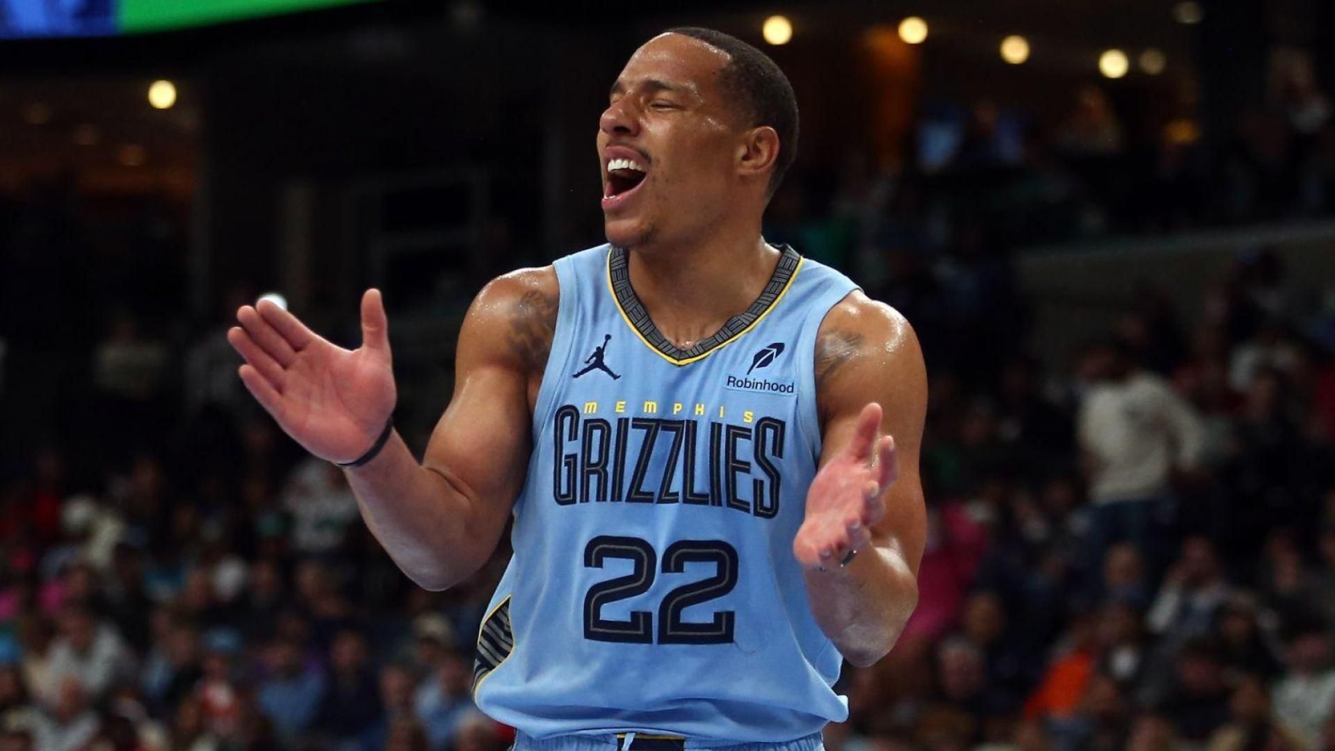 Memphis Grizzlies guard Desmond Bane (22) reacts after a foul call during the third quarter against the Boston Celtics at FedExForum.