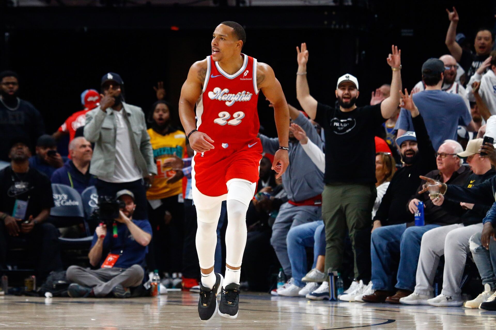 Memphis Grizzlies guard Desmond Bane (22) reacts during the third quarter against the Golden State Warriors at FedExForum.