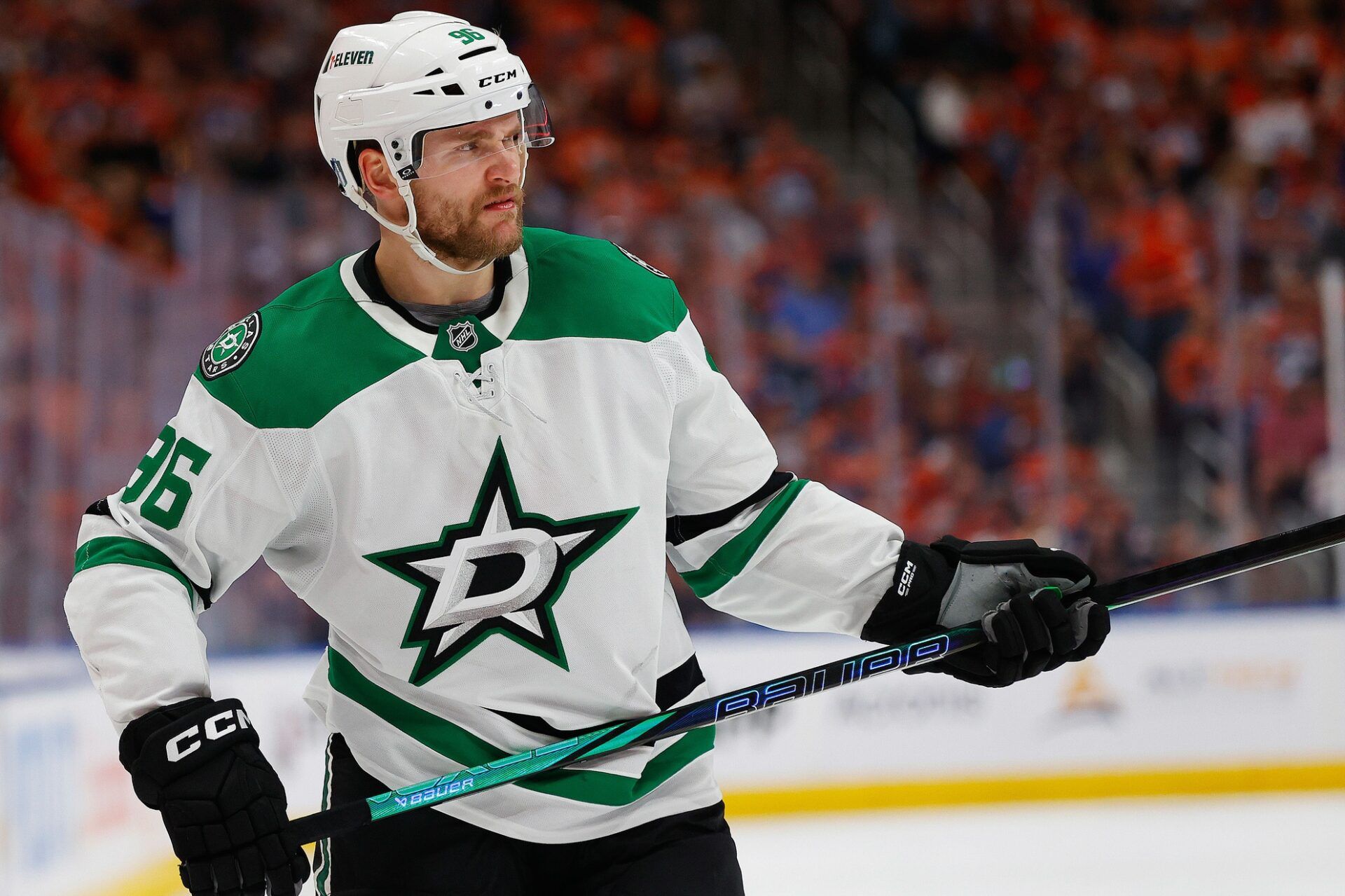 Dallas Stars forward forward Mikko Rantanen (96) waits for the play to begin against the Edmonton Oilers in game four of the Western Conference Final of the 2025 Stanley Cup Playoffs at Rogers Place.
