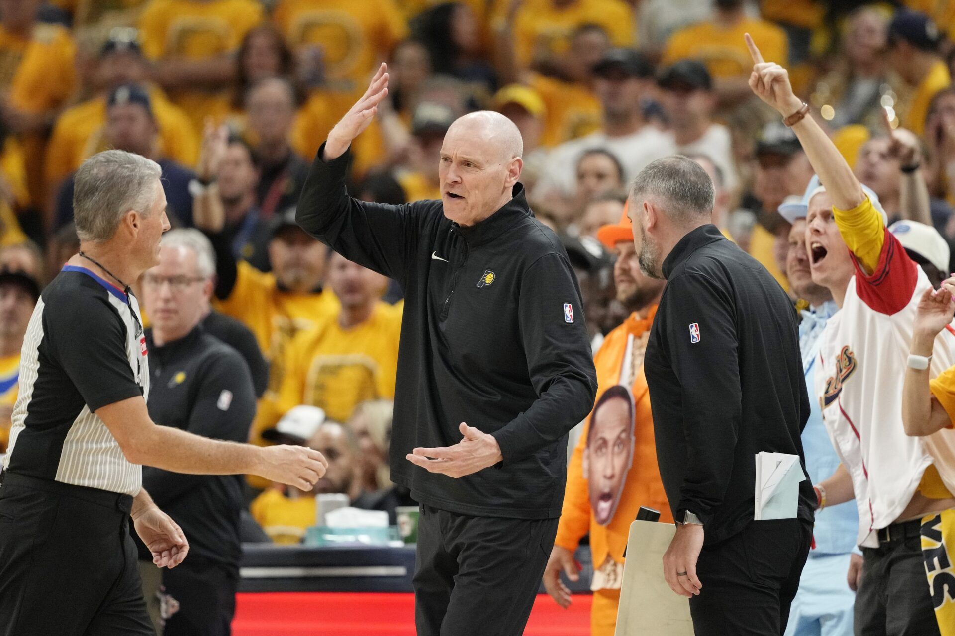 Indiana Pacers head coach Rick Carlisle reacts after a play against the Oklahoma City Thunder during the first half during game four of the 2025 NBA Finals at Gainbridge Fieldhouse.