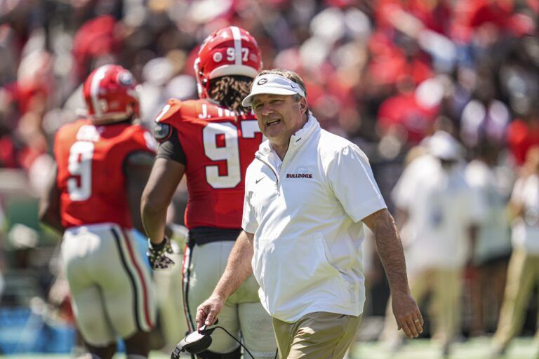 Georgia Bulldogs head coach Kirby Smart shown during the Georgia Spring game at Sanford Stadium.
