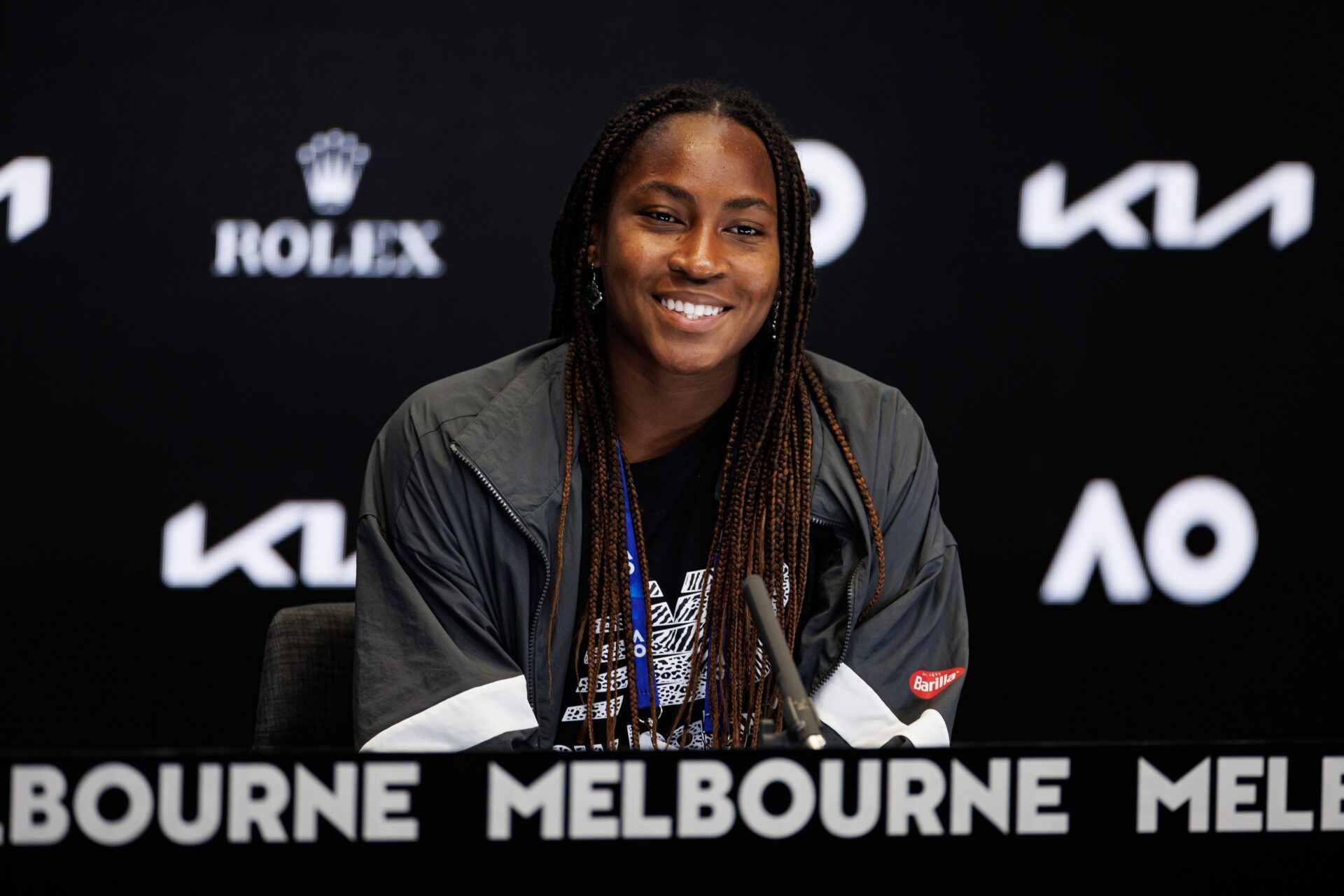 Coco Gauff of the United States holds a press conference after her victory over Emma Raducanu of Great Britain in the second round of the womens singles on day three of the 2023 Australian Open tennis tournament at Melbourne Park.