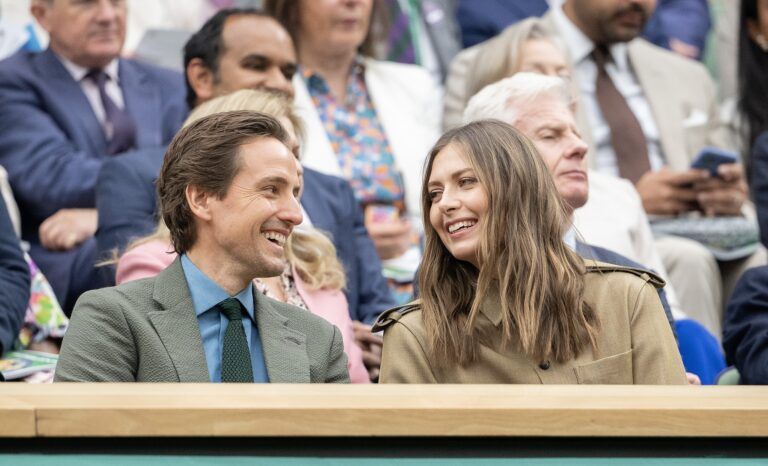Maria Sharapova and Alexander Gilkes in the Royal Box for the Daniil Medvedev and Alexandre Muller of France (both not shown) match on day three of The Championships at All England Lawn Tennis and Croquet Club.