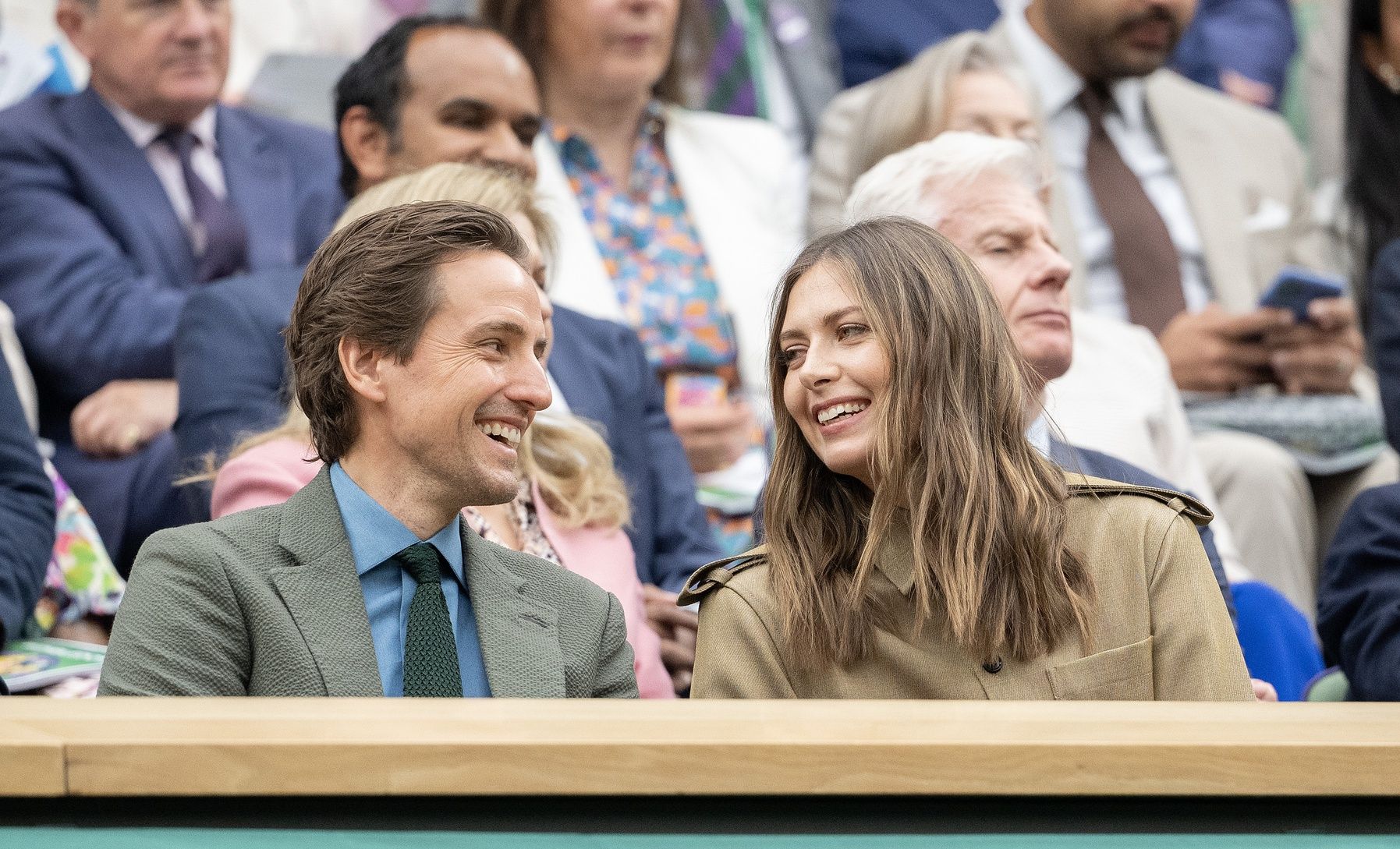 Maria Sharapova and Alexander Gilkes in the Royal Box for the Daniil Medvedev and Alexandre Muller of France (both not shown) match on day three of The Championships at All England Lawn Tennis and Croquet Club.