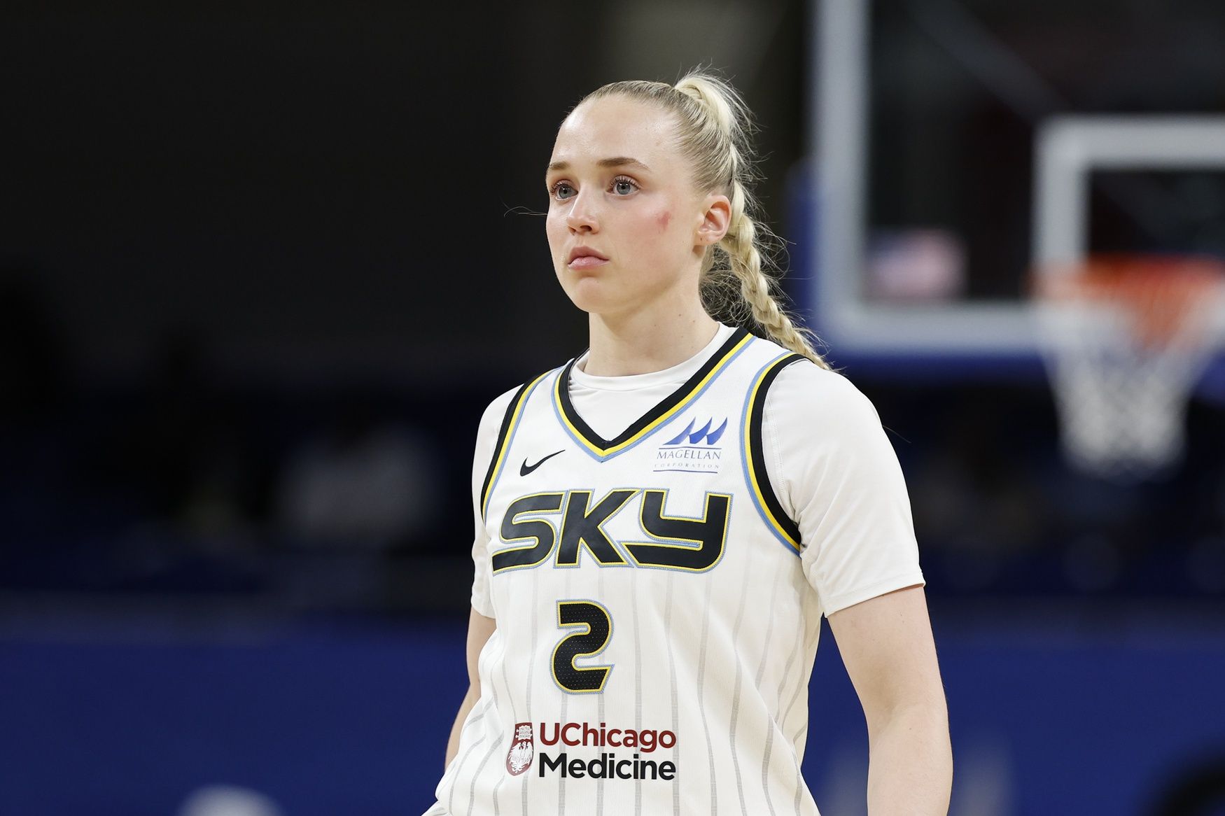 Chicago Sky guard Hailey Van Lith (2) looks on during the first half of a WNBA pre-season game against the Minnesota Lynx at Wintrust Arena.