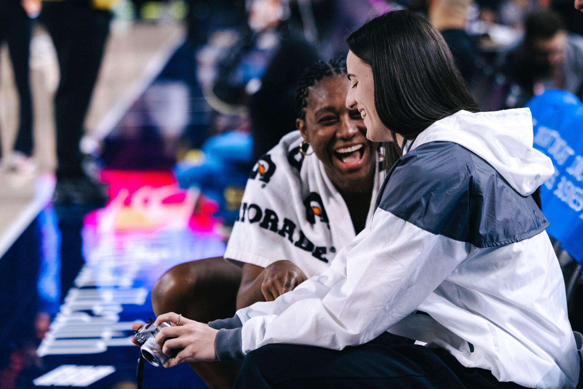Indiana Fever forward Aliyah Boston (7) laughs with Indiana Fever guard Caitlin Clark (22) before the game against the Washington Mystics at Entertainment & Sports Arena.
