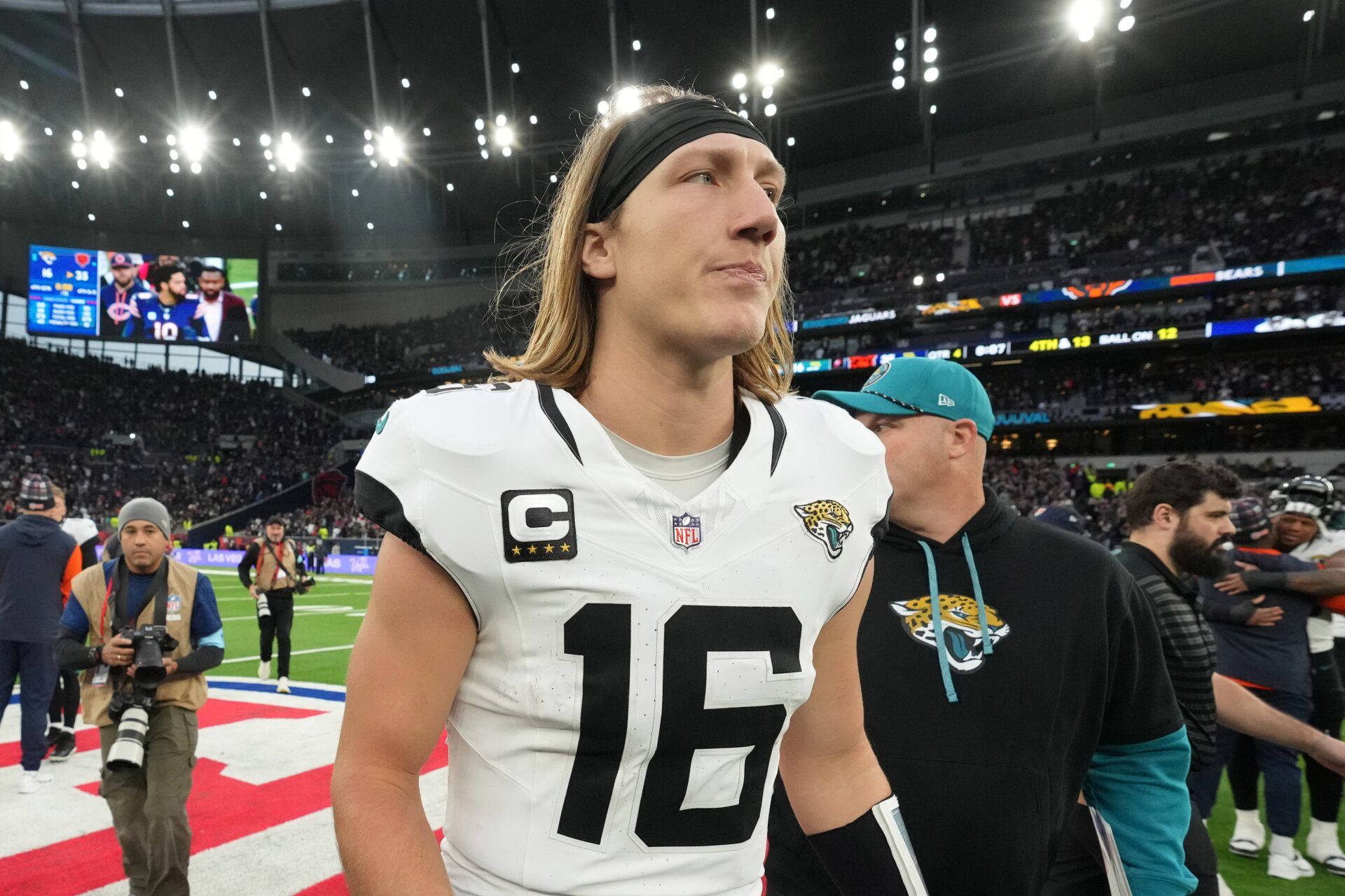 Jacksonville Jaguars quarterback Trevor Lawrence (16) reacts after an NFL International Series game against the Chicago Bears at Tottenham Hotspur Stadium.