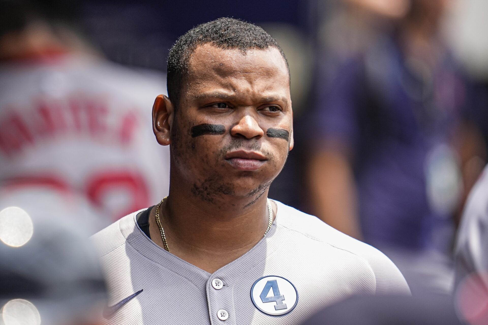 Boston Red Sox designated hitter Rafael Devers (11) shown in the dugout before the game against the Atlanta Braves at Truist Park.
