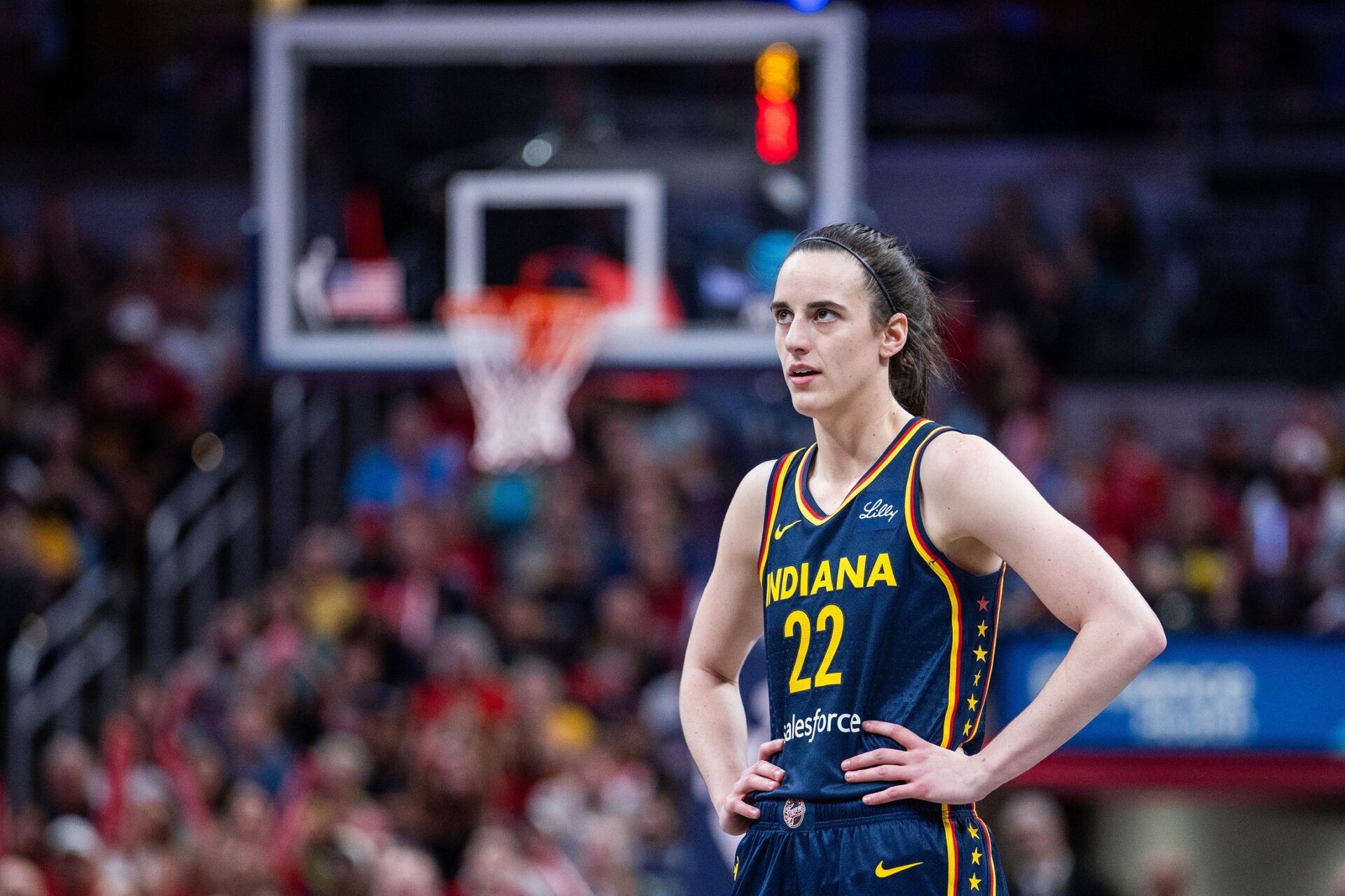 Indiana Fever guard Caitlin Clark (22) in the second half against the New York Liberty at Gainbridge Fieldhouse.
