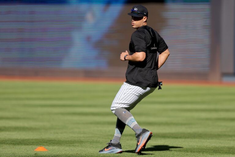 New York Yankees injured designated hitter Giancarlo Stanton works out before a game against the Texas Rangers at Yankee Stadium.