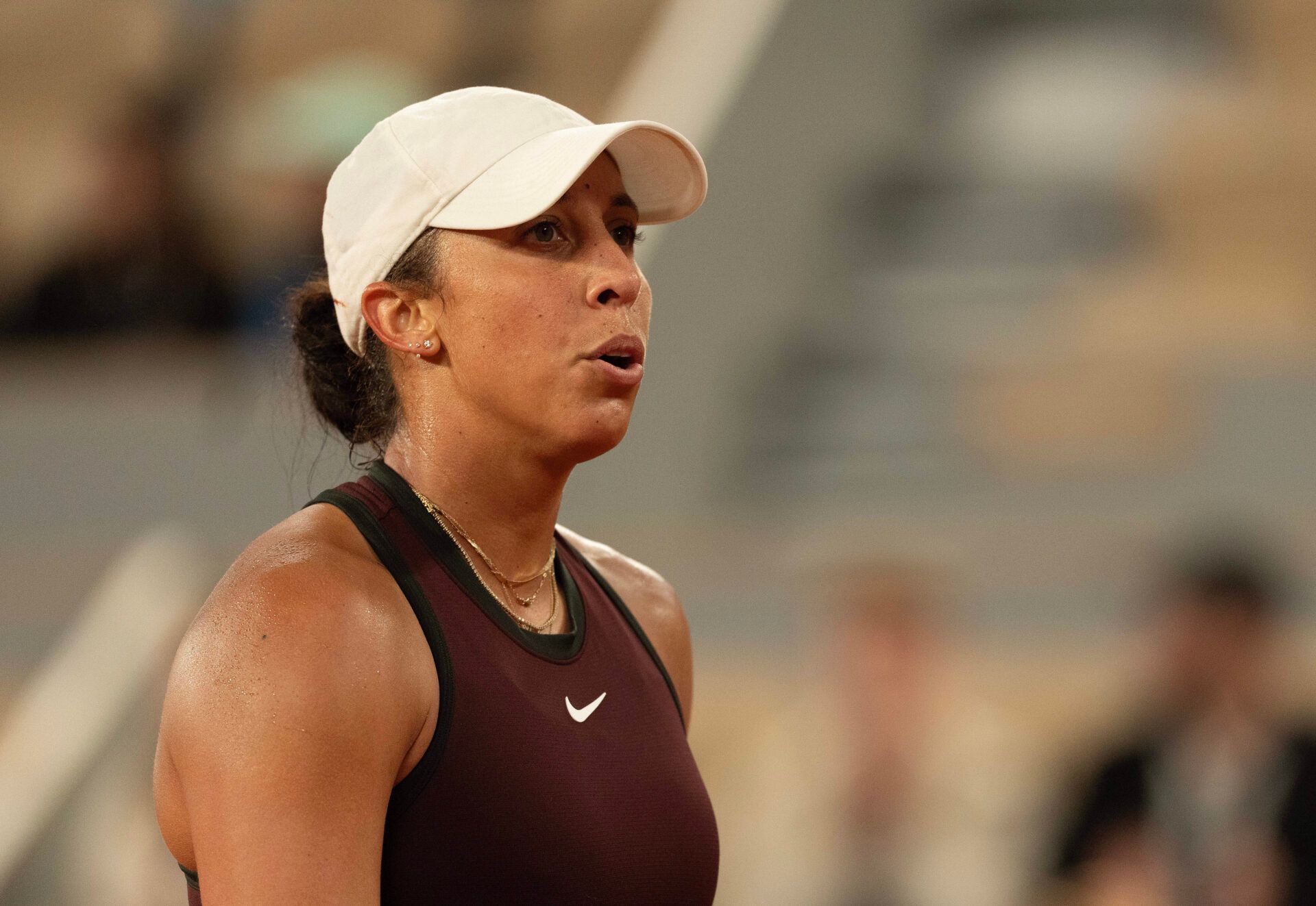 Madison Keys of the United States reacts to a point during her match  against Coco Gauff of the United States on day 11 at Roland Garros Stadium.