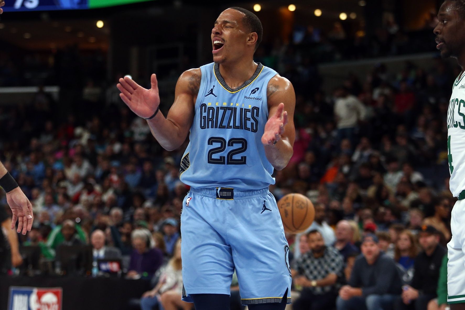 Memphis Grizzlies guard Desmond Bane (22) reacts after a foul call during the third quarter against the Boston Celtics at FedExForum.