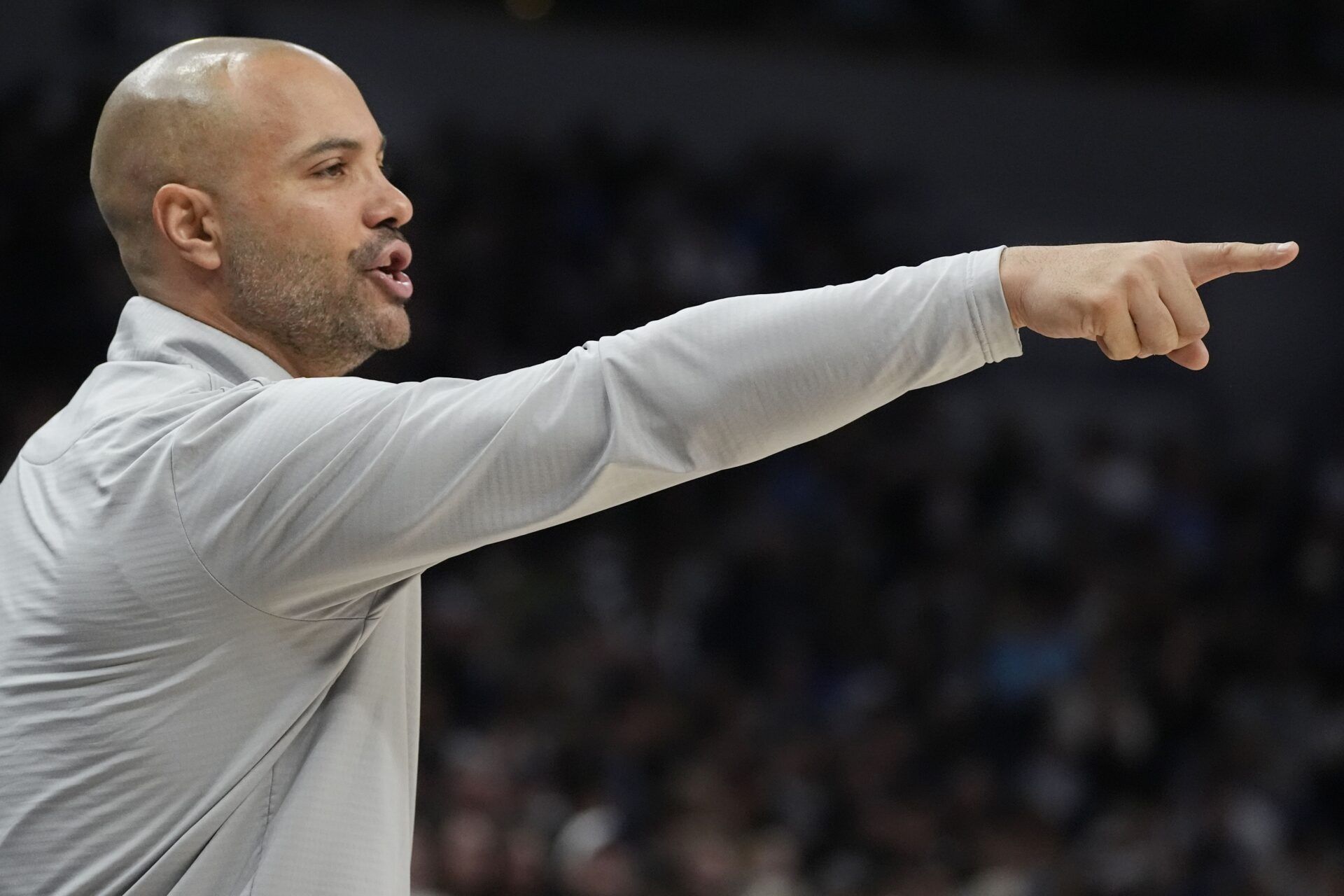 Brooklyn Nets head coach Jordi Fernández directs his team as they play against the Minnesota Timberwolves in the first quarter at Target Center.