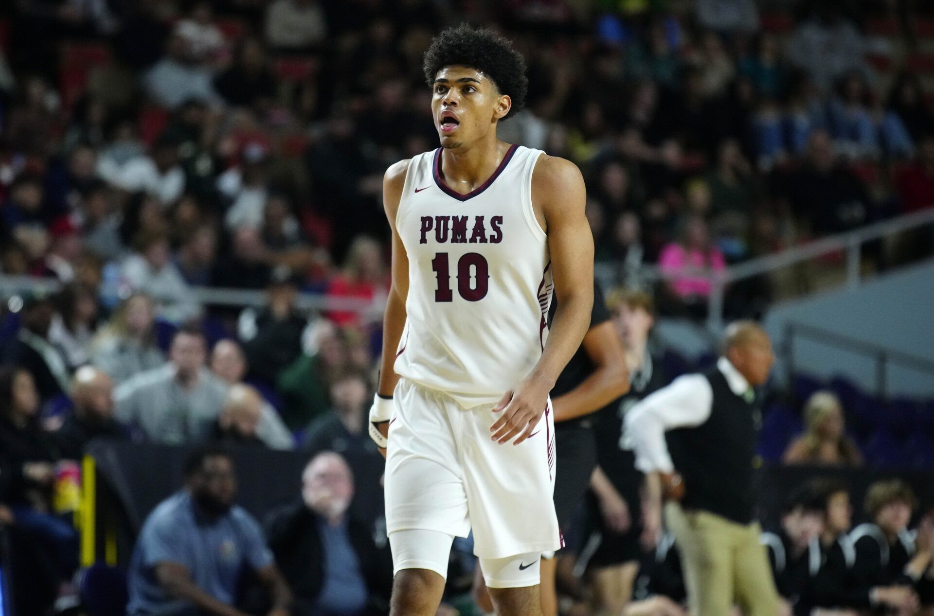 USA; Perry forward Koa Peat (10) walks back down the court during a timeout against Sunnyslope during the Boys Open State Championship at Veterans Memorial Coliseum.