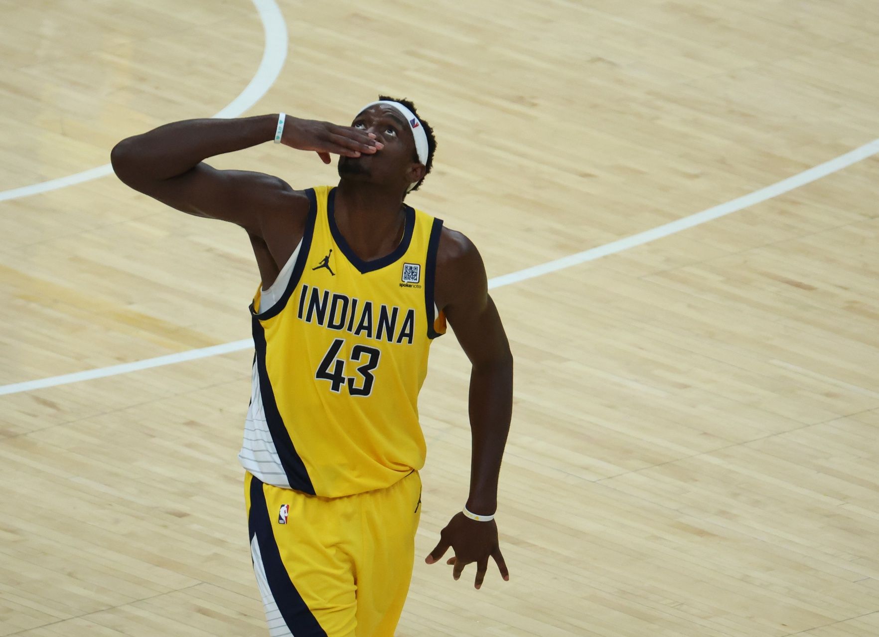 Indiana Pacers forward Pascal Siakam (43) reacts during the third quarter against the Oklahoma City Thunder of game four of the 2025 NBA Finals at Gainbridge Fieldhouse.
