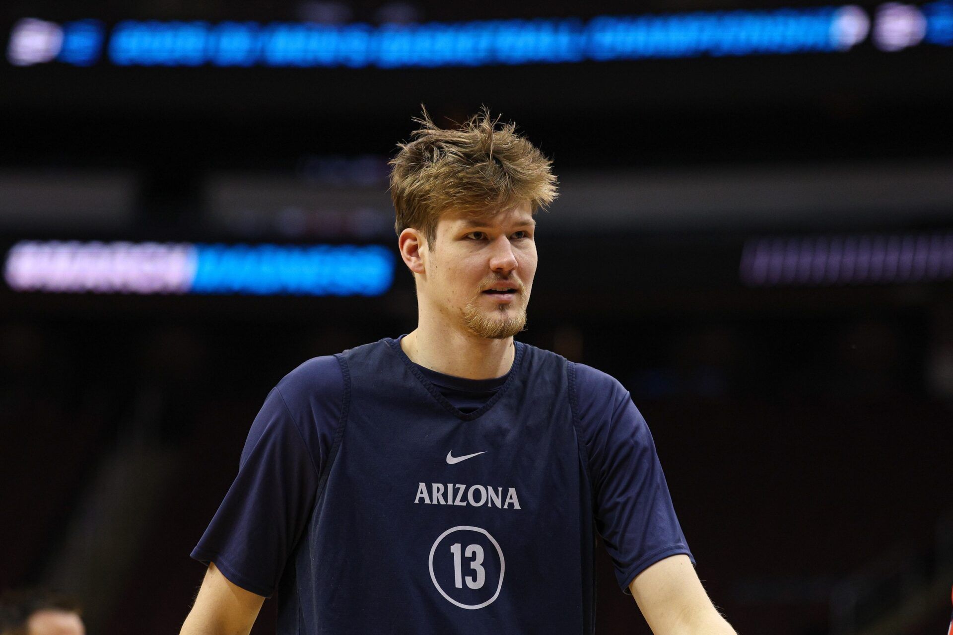 Arizona Wildcats forward Henri Veesaar (13) warms up during a practice session in preparation for an East Regional semifinal game against the Duke Blue Devils at Prudential Center.