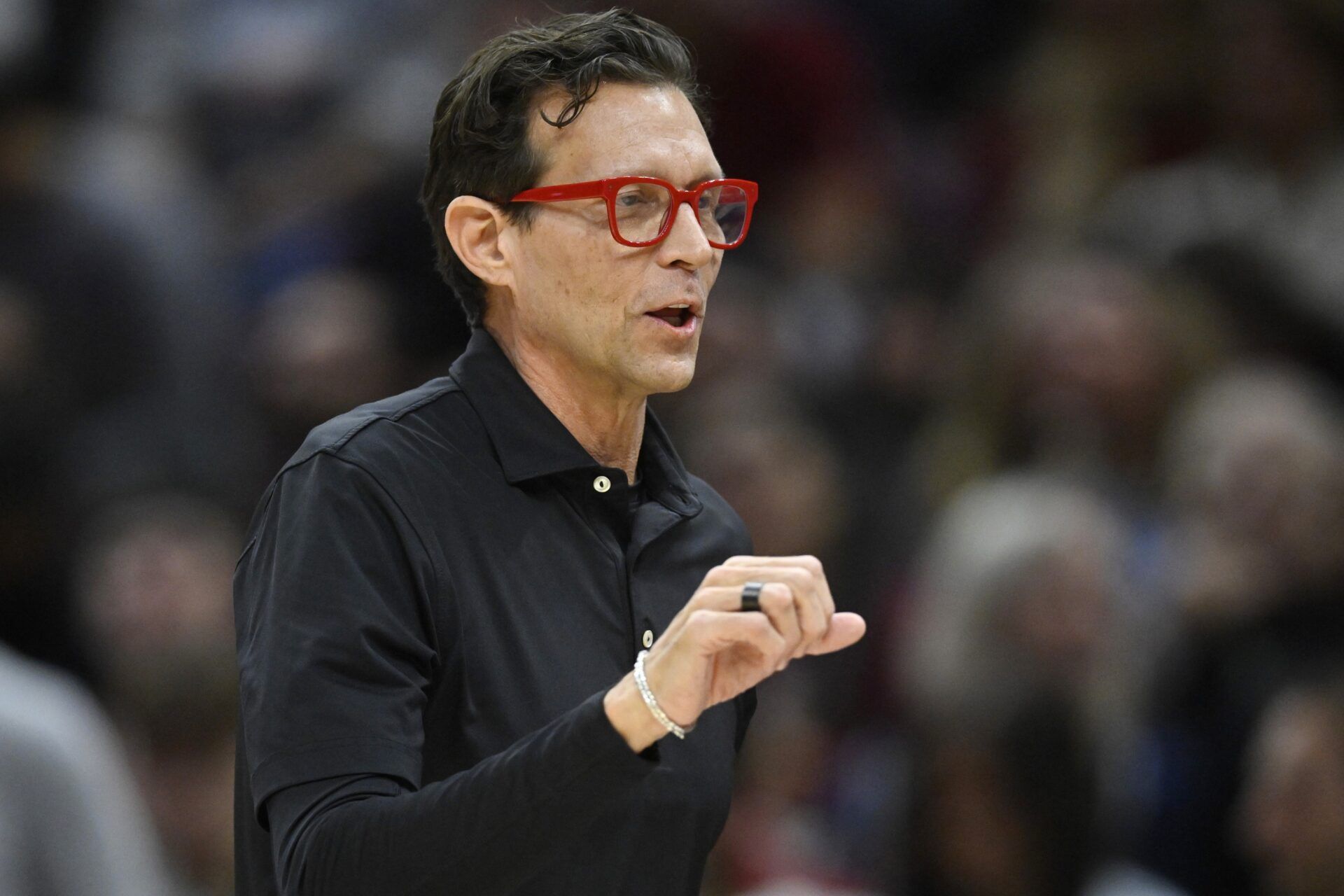 Atlanta Hawks head coach Quin Snyder reacts in the first quarter against the Cleveland Cavaliers at Rocket Mortgage FieldHouse.
