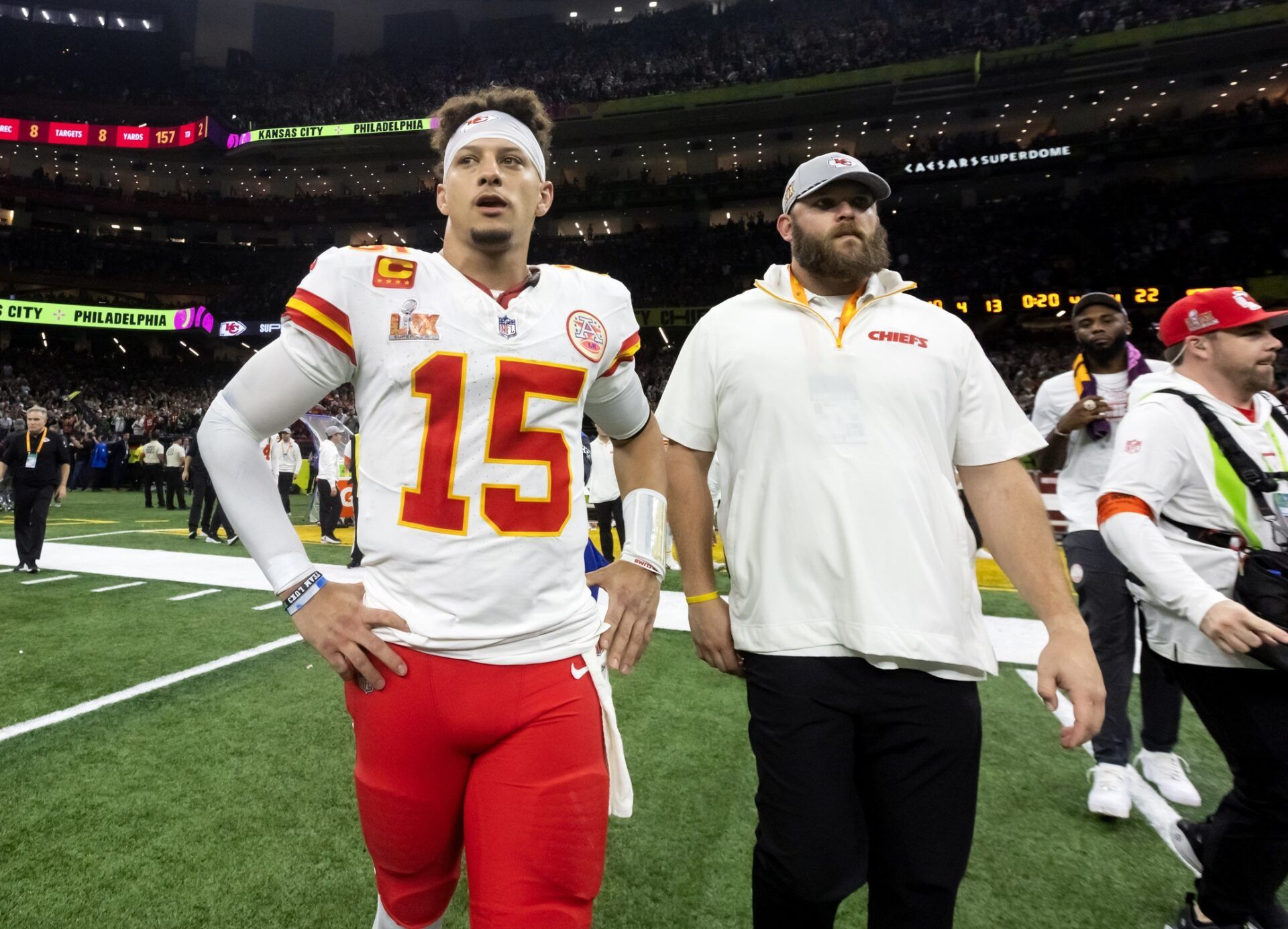 Kansas City Chiefs quarterback Patrick Mahomes (15) reacts after losing to the Philadelphia Eagles in Super Bowl LIX at Ceasars Superdome.