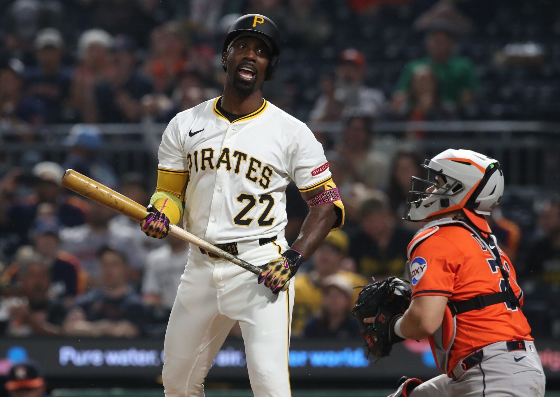 Pittsburgh Pirates designated hitter Andrew McCutchen (22) reacts after striking out with men on base against the Houston Astros during the fifth inning at PNC Park.