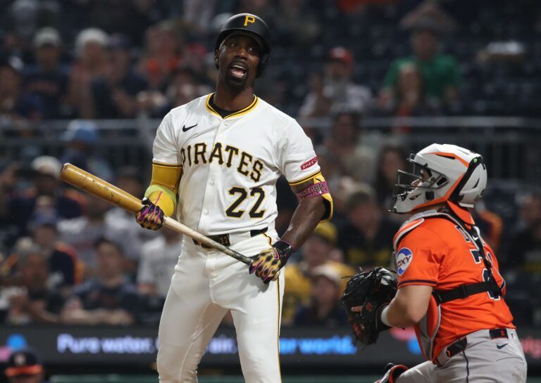 Pittsburgh Pirates designated hitter Andrew McCutchen (22) reacts after striking out with men on base against the Houston Astros during the fifth inning at PNC Park.