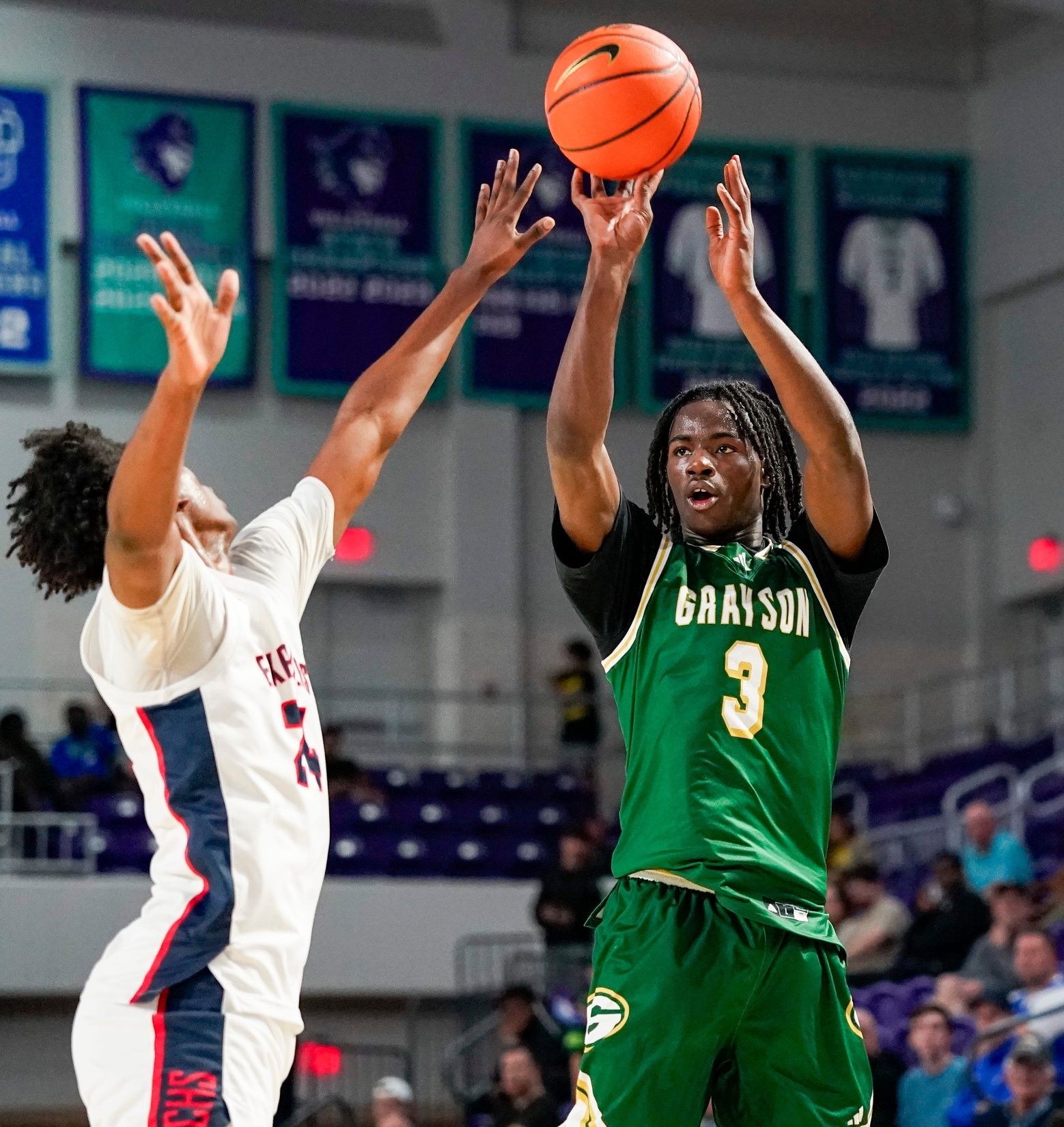 Grayson Rams guard Caleb Holt (3) shoots the ball during the second quarter of a City of Palms Classic quarterfinal game against the Columbus Explorers at Suncoast Credit Union Arena in Fort Myers, Fla., on Friday, Dec. 20, 2024.