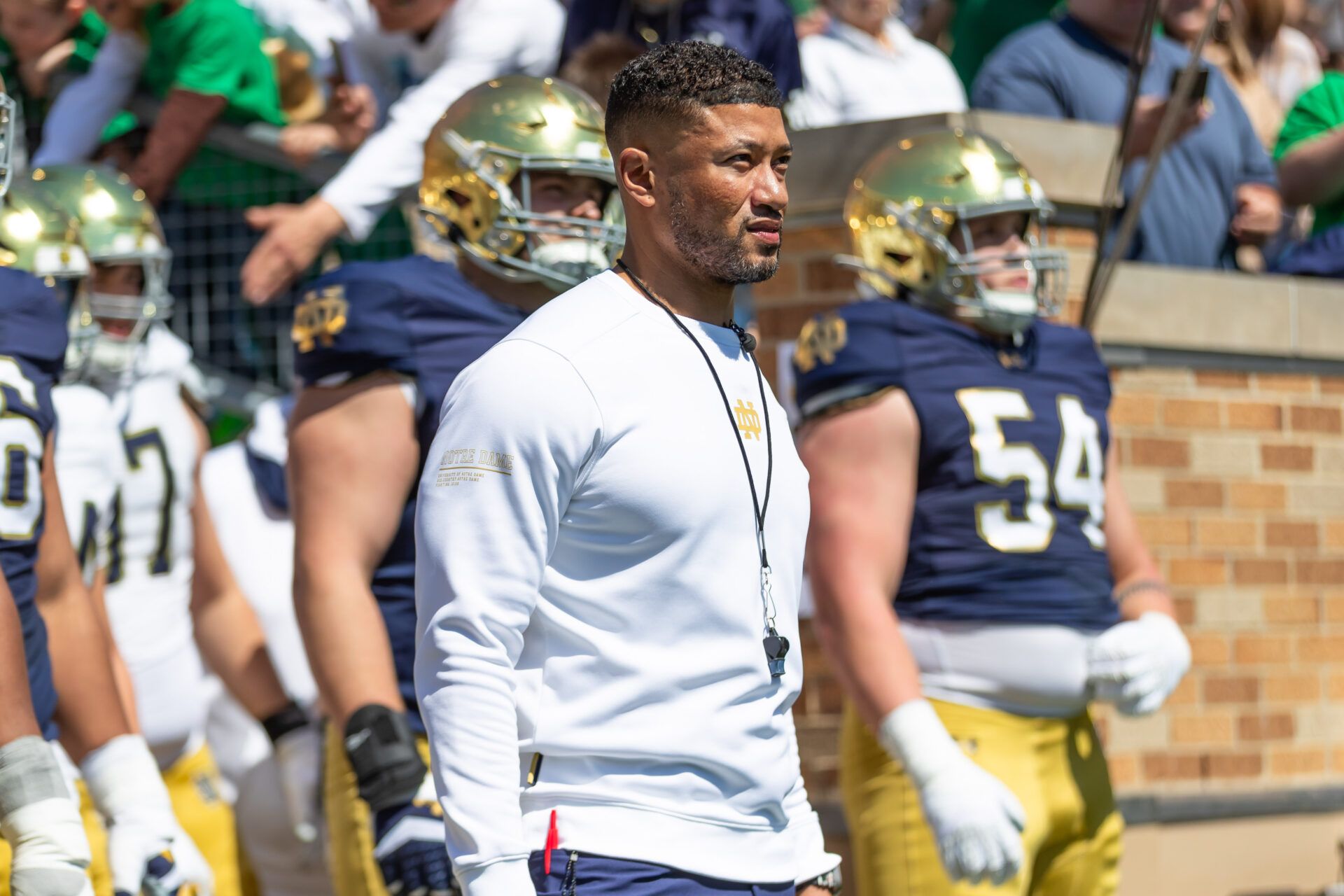 Notre Dame Fighting Irish head coach Marcus Freeman waits to run onto the field during the Blue-Gold game at Notre Dame Stadium.