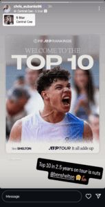 Christopher Eubanks' Instagram story acknowledging Ben Shelton's achievement