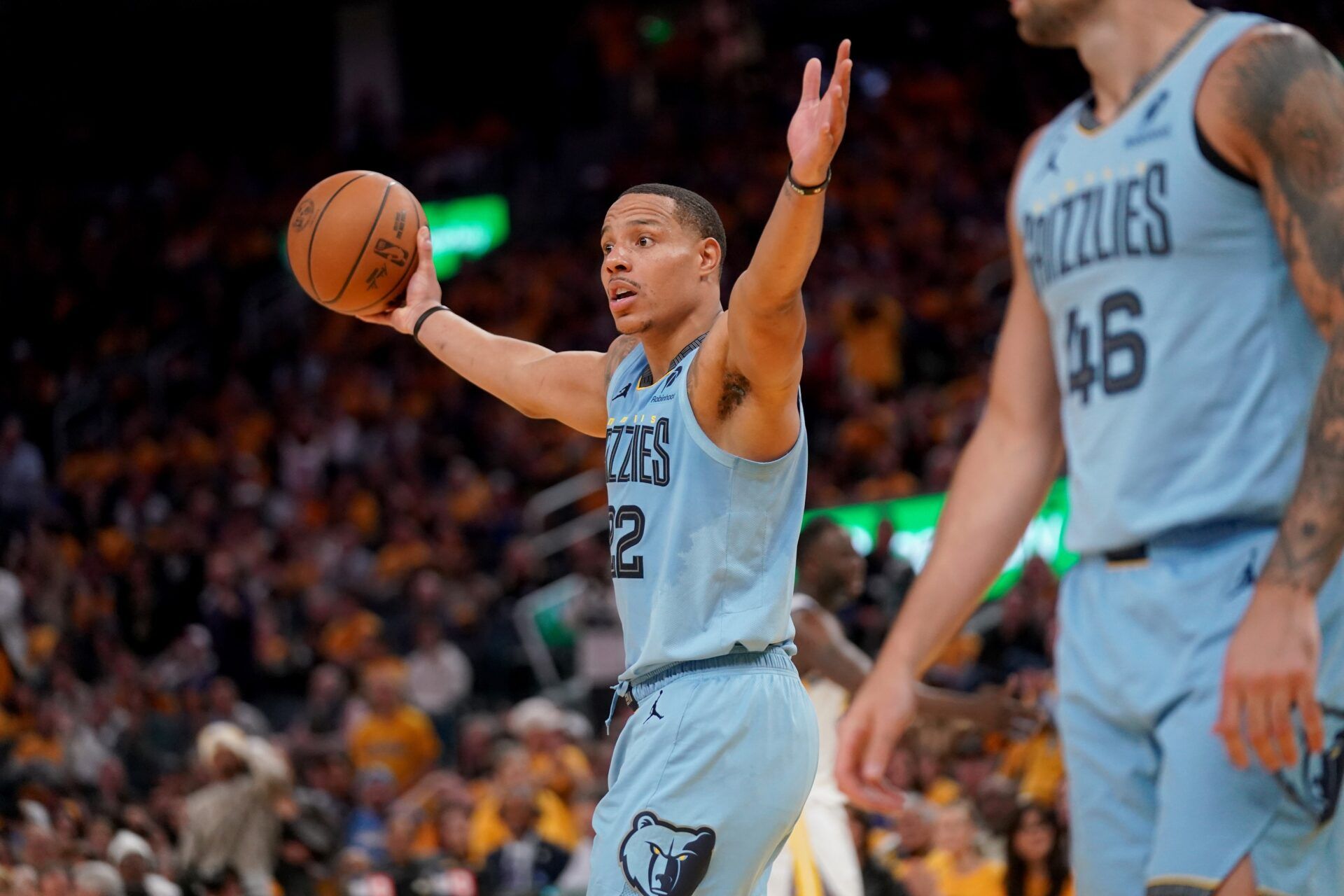 Memphis Grizzlies guard Desmond Bane (22) reacts after the Grizzlies were called for a foul against the Golden State Warriors in the third quarter at the Chase Center.