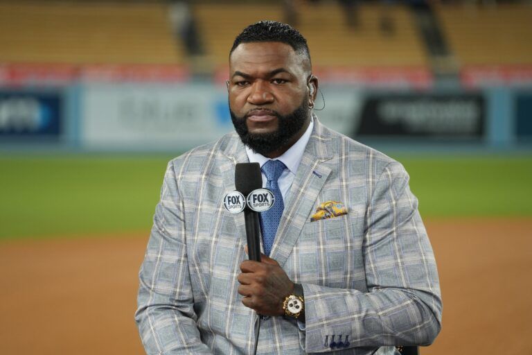 Fox Sports broadcaster David Ortiz speaks on field after game two between the Los Angeles Dodgers and the New York Yankees in the 2024 MLB World Series at Dodger Stadium.