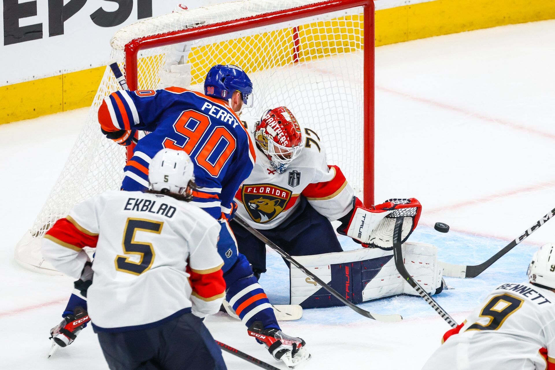 Florida Panthers goaltender Sergei Bobrovsky (72) makes a save against Edmonton Oilers right wing Corey Perry (90) during the third period in game five of the 2025 Stanley Cup Final at Rogers Place.
