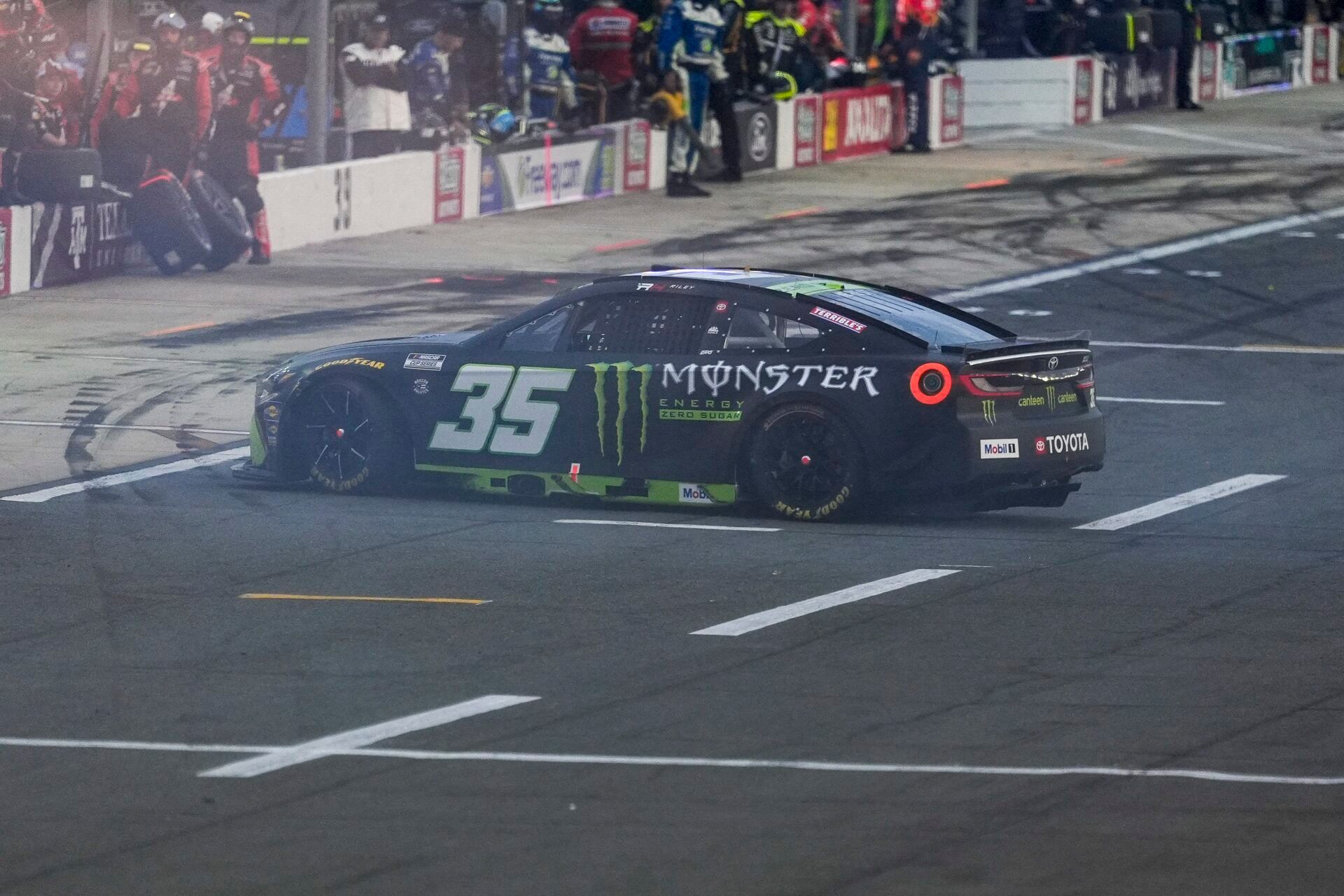 NASCAR Cup Series driver Riley Herbst (35) gets turned around driving into the pits during the Coca Cola 600 at Charlotte Motor Speedway.