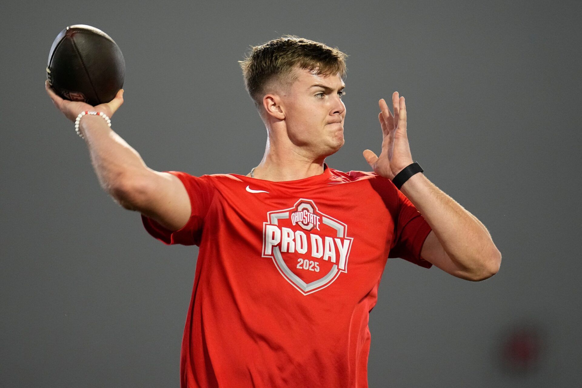Ohio State Buckeyes quarterback Will Howard throws during the pro day for NFL scouts at the Woody Hayes Athletic Cente on March 26, 2025.