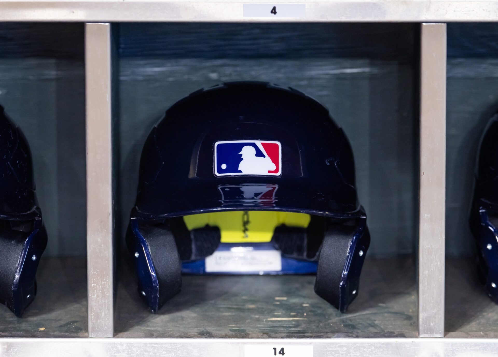 Detailed view of batting helmet during the MLB Draft Combine high school game at Chase Field.