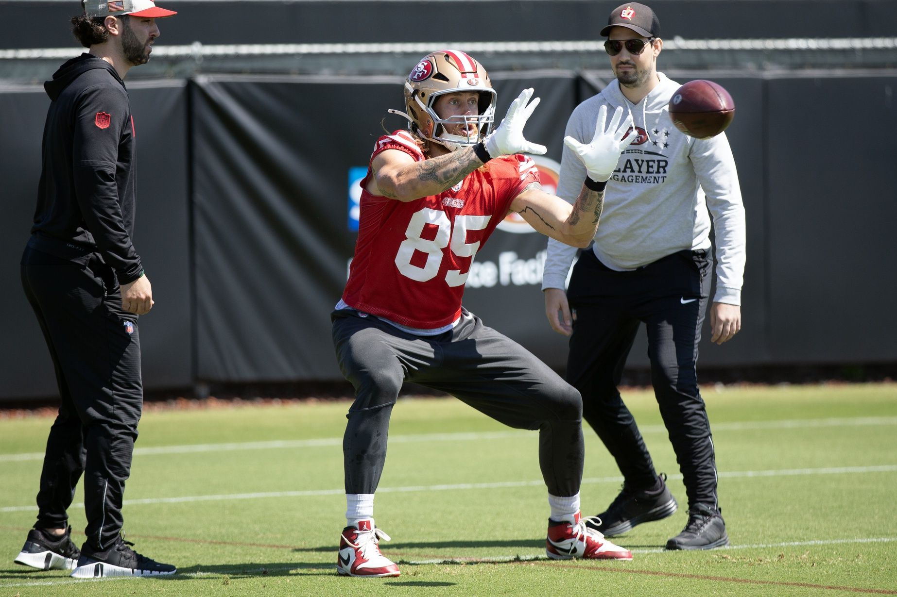 San Francisco 49ers tight end George Kittle (85) works out with his teammates during an OTA at Levi's Stadium.