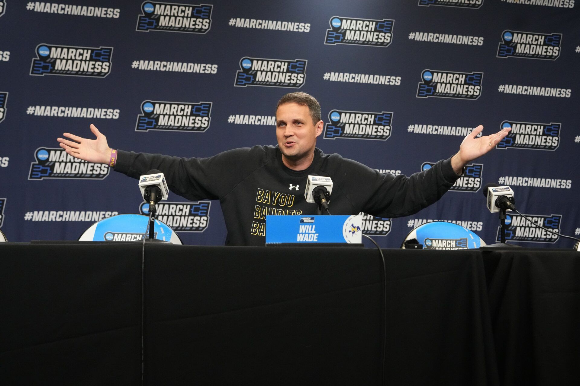 McNeese State Cowboys head coach Will Wade answers questions during the first round practice session press conference at Amica Mutual Pavilion.