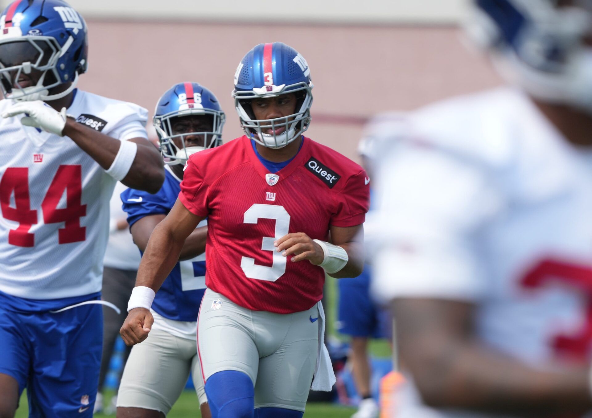 East Rutherford, NJ -- June 5, 2025 -- Quarterback, Russell Wilson as the New York Giants players participate in their 2025 OTAÕs at the Quest Diagnostic Giants Training Center in East Rutherford.