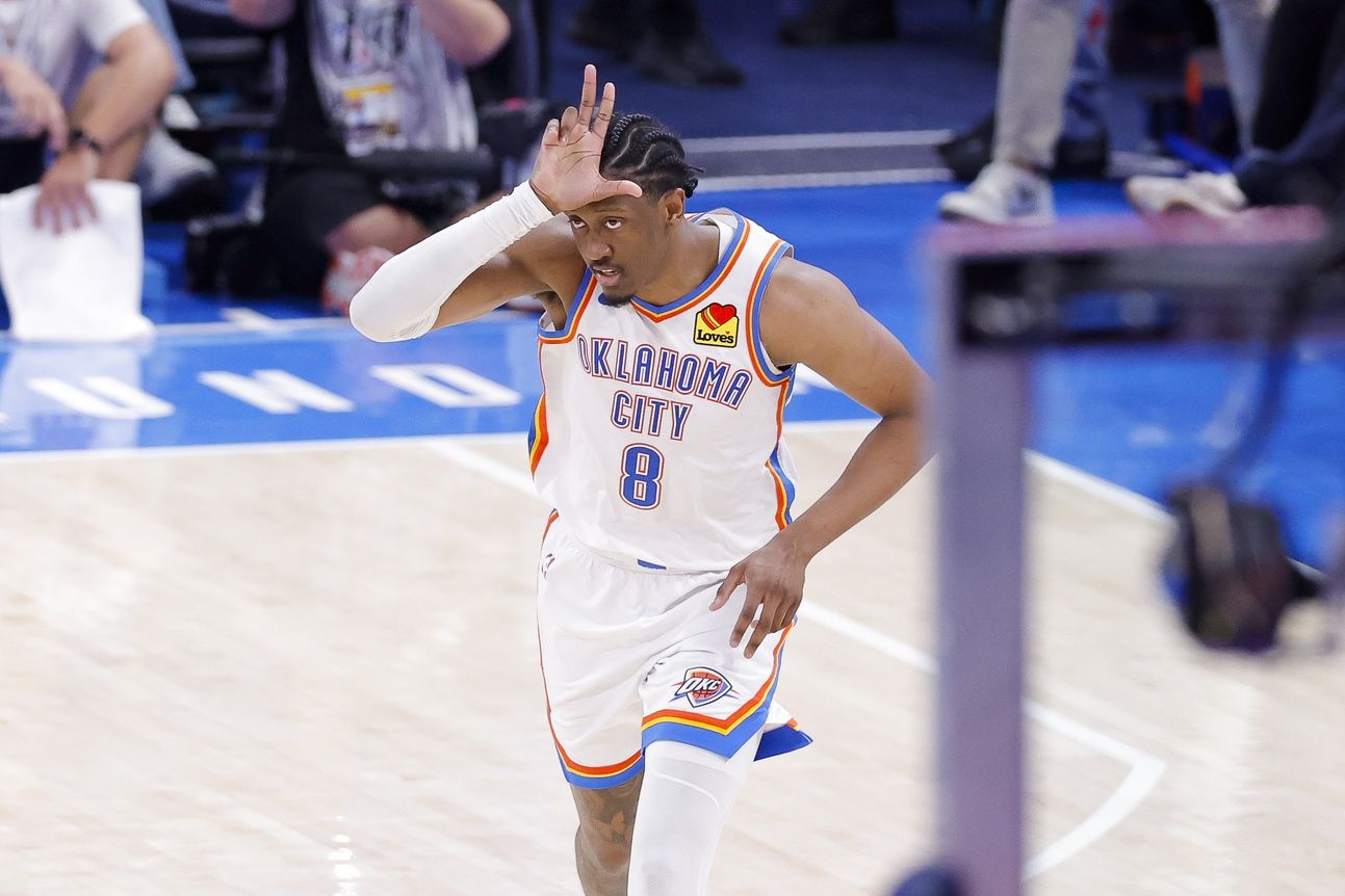 Oklahoma City Thunder forward Jalen Williams (8) celebrates during the fourth quarter against the Indiana Pacers in game five of the 2025 NBA Finals at Paycom Center.