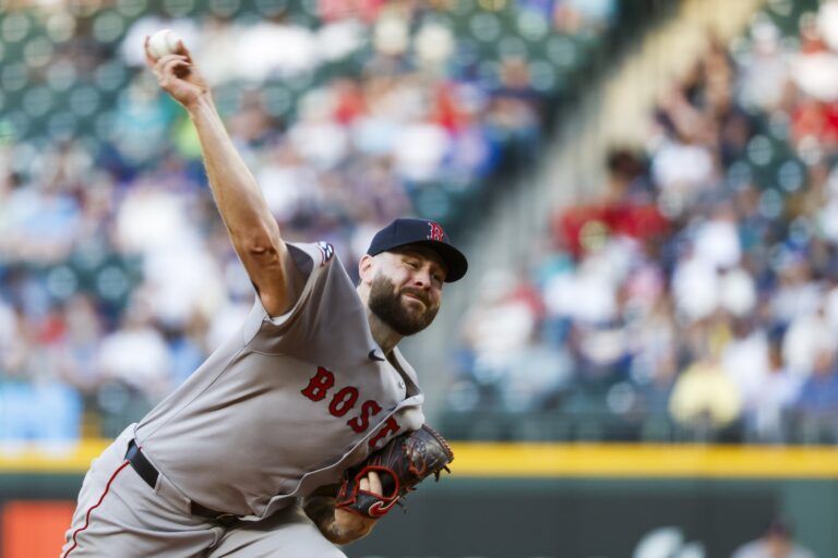 Boston Red Sox starting pitcher Lucas Giolito (54) throws against the Seattle Mariners during the fifth inning at T-Mobile Park.